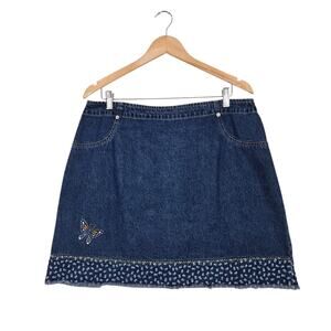 VTG Route 66 Denim Mini Skirt 17/18* Blue Cotton Embroidered Butterfly Hippie